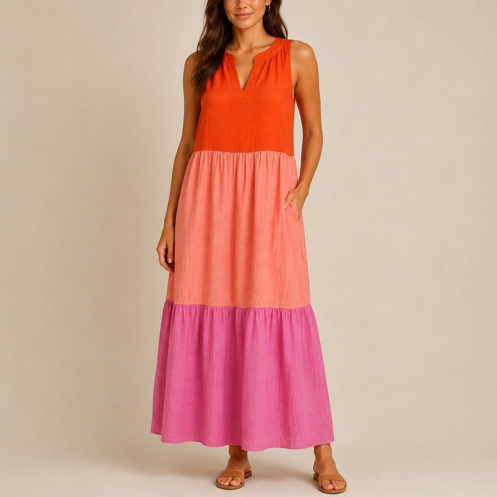 J. Jill Maxi Dress M Orange Pink Colorblock Tiered Boho Vacation